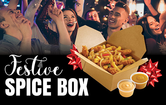 The Festive Spice Box offer is available at Mullingar Greyhound Stadium until Saturday 27th December, for groups of 4 or more people Image shows a group of people celebrating a night out with the words Festive Spice Box, the name of a special offer available this Christmas at your local greyhound Stadium