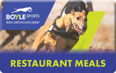Image shows a blue button with BOYLE Sports Irish Greyhound Derby logo and the words Restaurant Meals