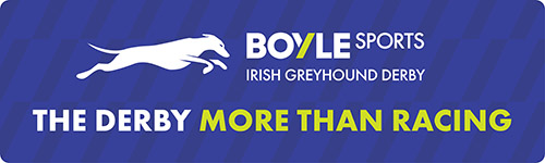 Image shows a blue button with BOYLE Sports Irish Greyhound Derby logo and the words The Derby More Than Racing