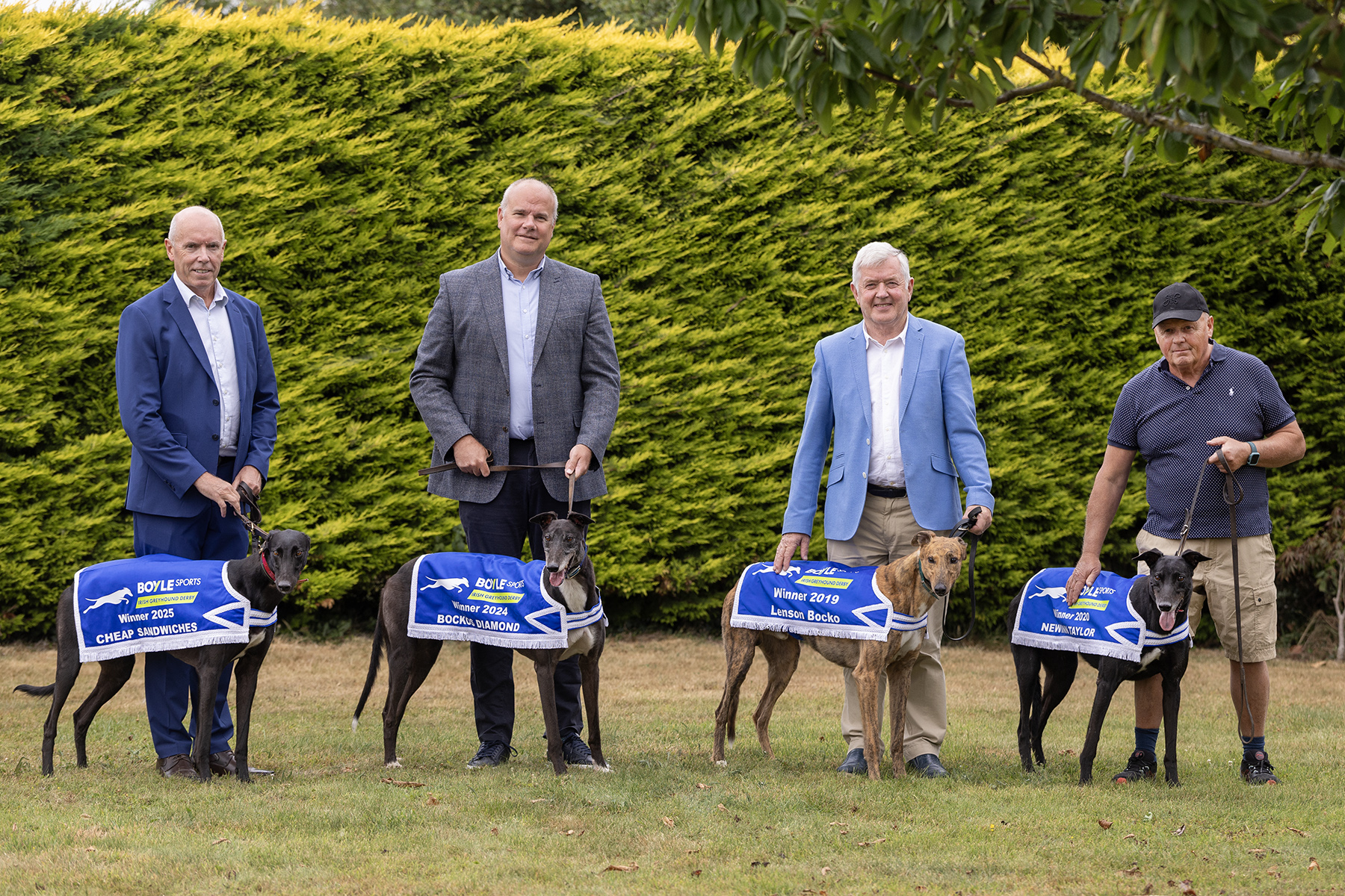 Picture shows the launch of the 2026 BOYLE Sports Irish Greyhound Derby at Riverside Kennels in Tipperary were L-R: Tim Lucey CEO Greyhound Racing Ireland with 2025 winner Cheap Sandwiches, Kieran Holden Sponsorship Manager BOYLE sports with 2024 winner Bockos Diamond, Pat Flanagan Chairman Greyhound Racing Ireland with 2019 winner Lenson Bocko and Graham Holland Riverside Kennels with 2020 winner Newinn Taylor.