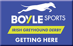 Image shows a blue button with BOYLE Sports Irish Greyhound Derby logo and the words Getting Here