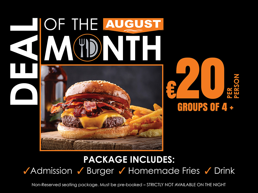 Image shows a promotional graphic for the August Deal of the Month at Greyhound Stadia in Ireland. It features a black background with white and orange text outlining the offer and a picture of a burger. 