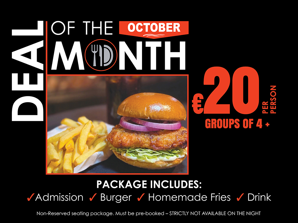 Image shows a promotional graphic for the October Deal of the Month at Limerick Greyhound Stadium. It features a black background with white and orange text outlining the offer and a picture of a burger.