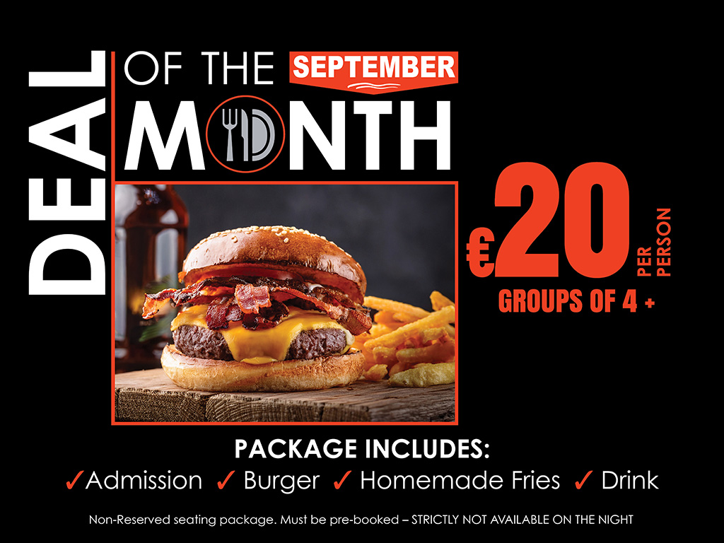 Searching for a great value night out this September? The latest Deal of the Month at Mullingar Greyhound Stadium offers entertainment, food and drink at an excellent price. Image shows a promotional graphic for the September Deal of the Month at Mullingar Greyhound Stadium. It features a black background with white and orange text outlining the offer and a picture of a burger.