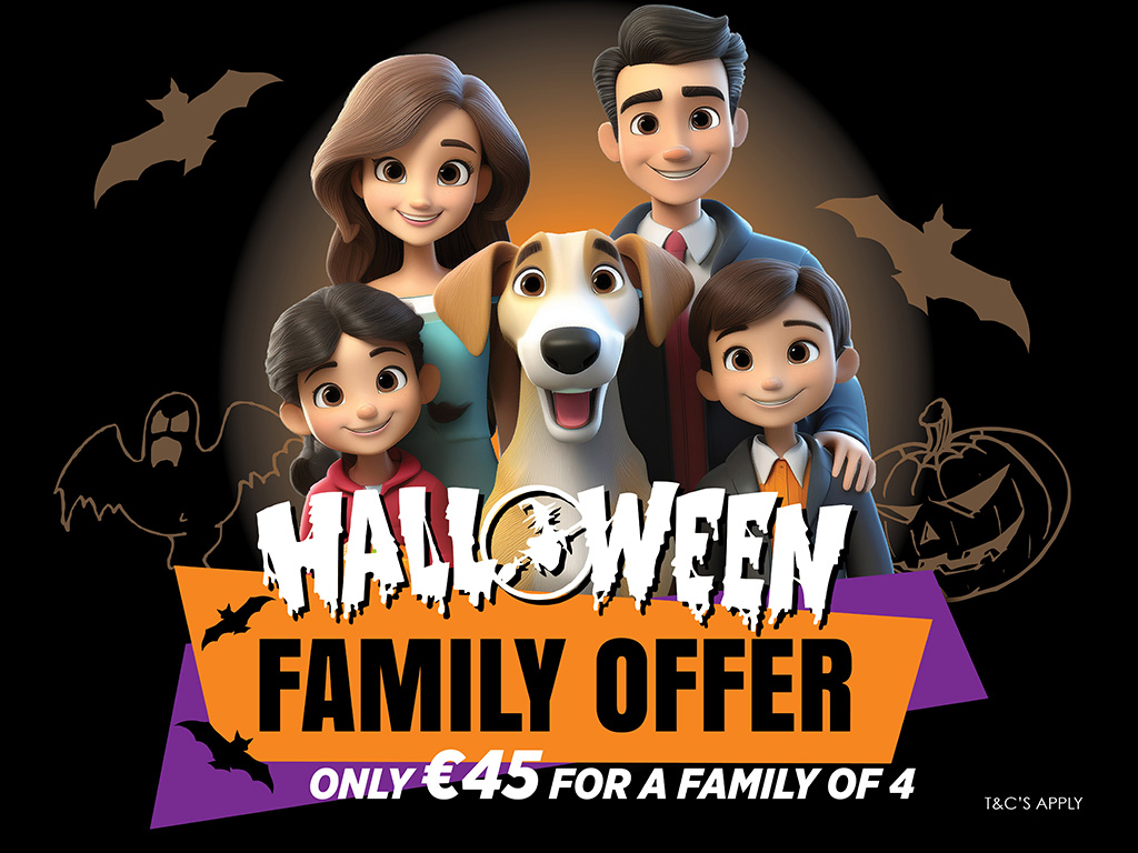 Image shows a cartoon family consisting of two adults, two children and a dog, with Halloween-themed graphics and text promoting the Halloween Family Offer at Mullingar Greyhound Stadium