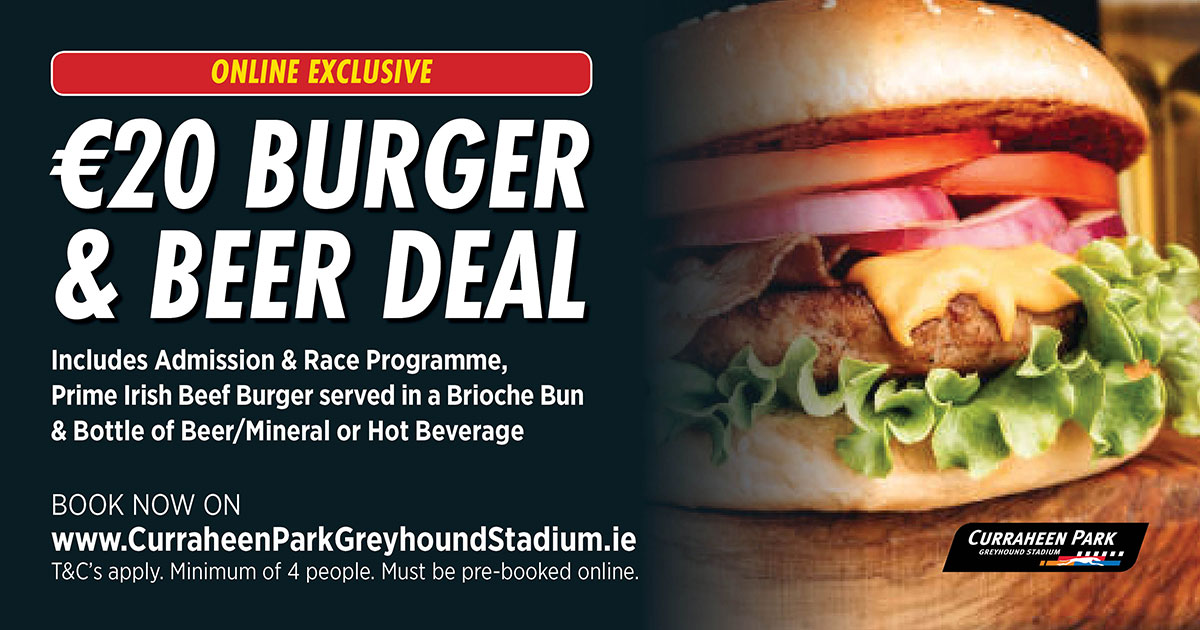 The Burger & Beer Deal is available to book for just €20 at Curraheen Park for groups of 4 or more. Book now!