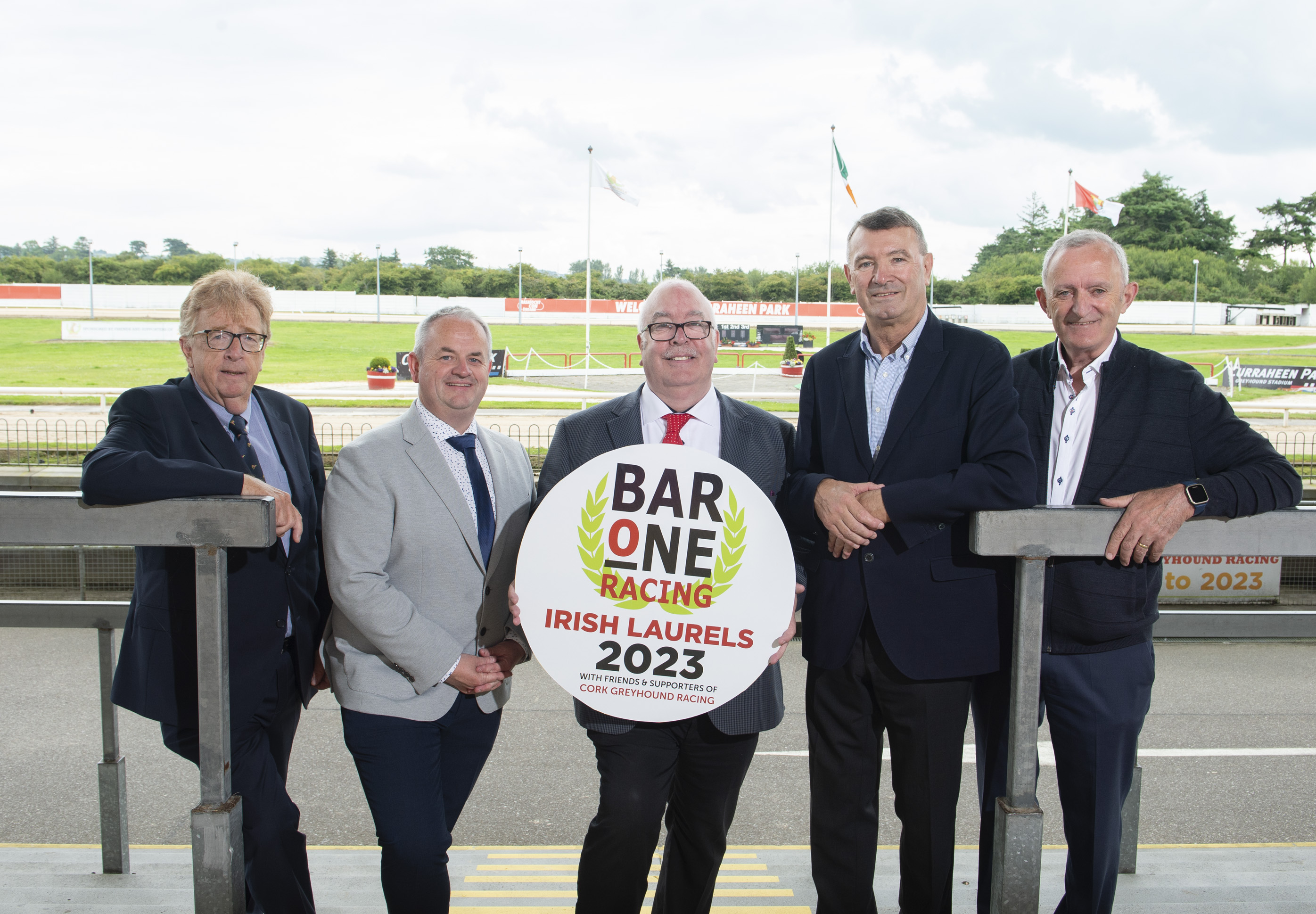 Frank Nyhan, (Chairman GRI), Alex Grassick (Board Member, GRI) Barney O'Hare (Bar One Racing), Jimmy Barry Murphy & Richie O'Regan (Board Member, GRI) at the launch of the new sponorship partnership for the Irish Greyhound Laurels
