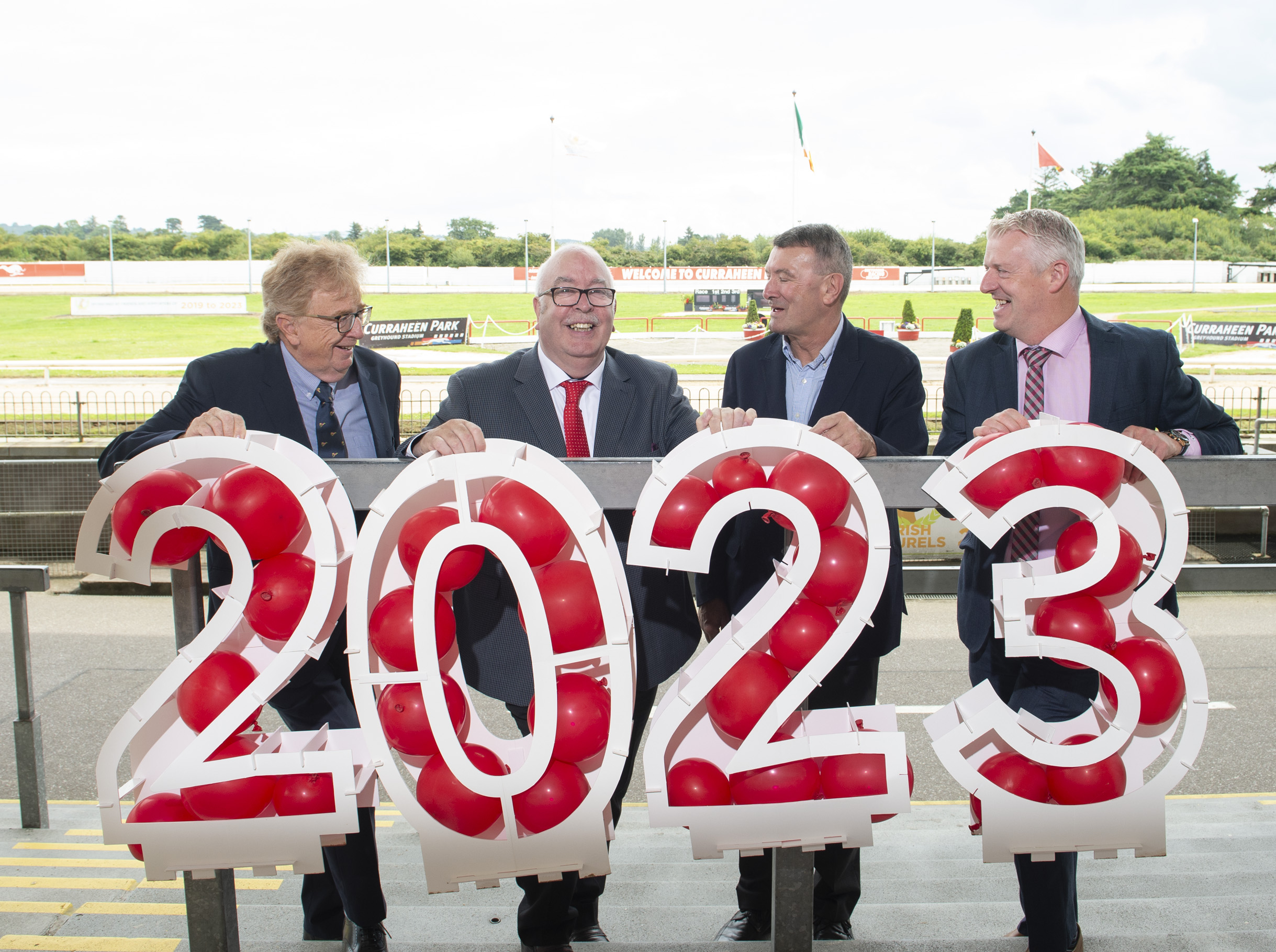 Frank Nyhan (Chairman GRI), Barney O'Hare (Bar One Racing), Jimmy Barry Murphy & Brian Collins (Curraheen Park) at the sponsorship announcement for the Irish Greyhound Laurels