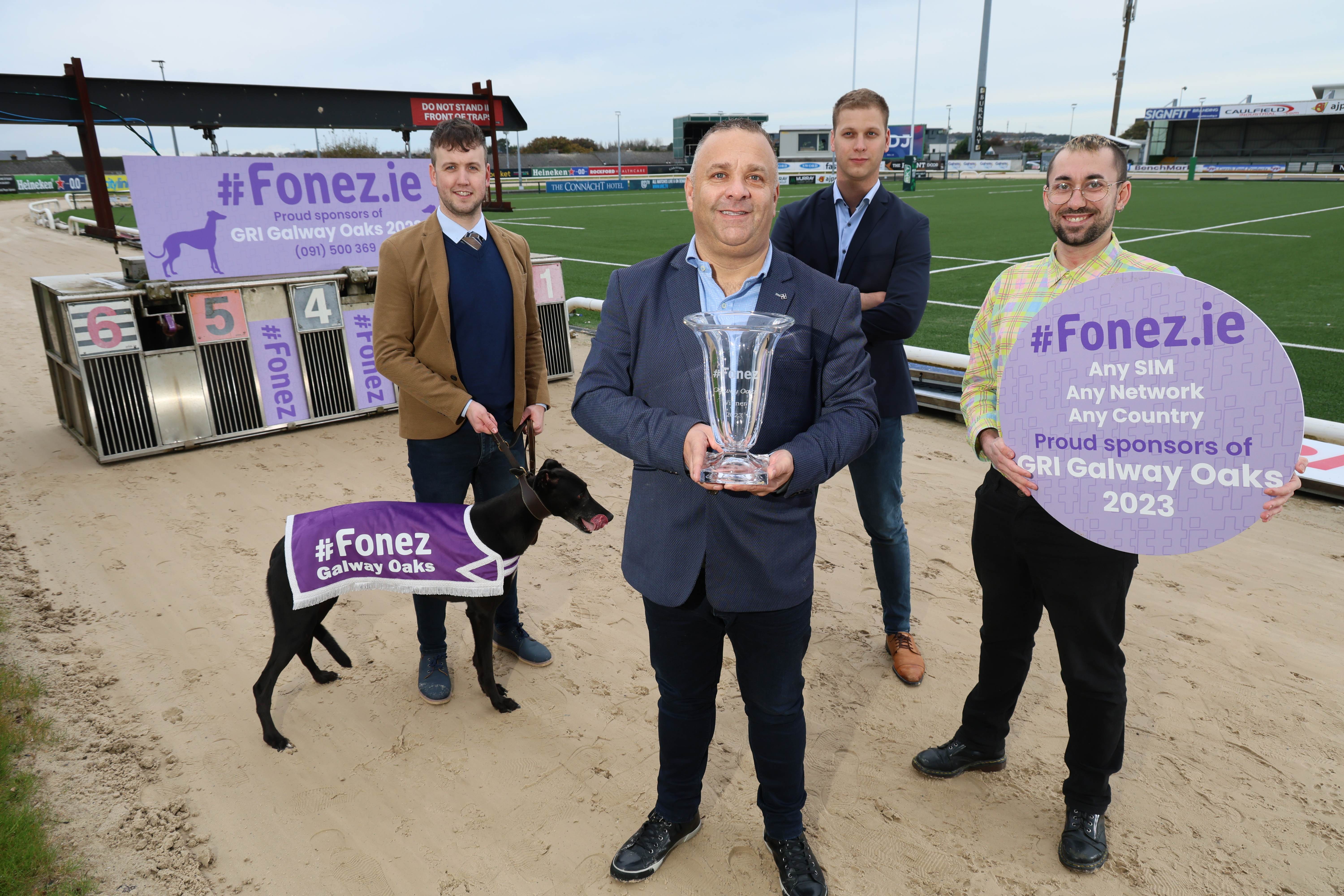 Picture shows four people launching the Fonez.ie sponsorship of the Galway Oaks event in Galway Greyhound Stadium