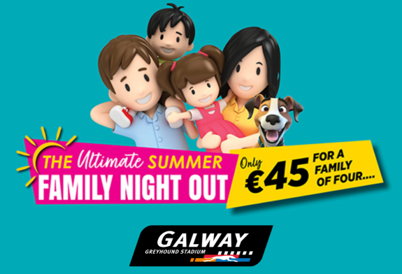Enjoy a fun night out with the family this summer at Galway Greyhound Stadium, with an excellent value offer available this June, July and August Image shows a 3D cartoon family with parents and 2 children and a dog against a teal background and text which highlights the details of the summer family offer available at Galway Greyhound Stadium in 2026
