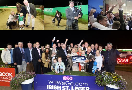 Pictures show images from the celebrations at Limerick greyhound Stadium as Clonbrien Treaty won the 2024 Will We Go Irish St. Leger Final