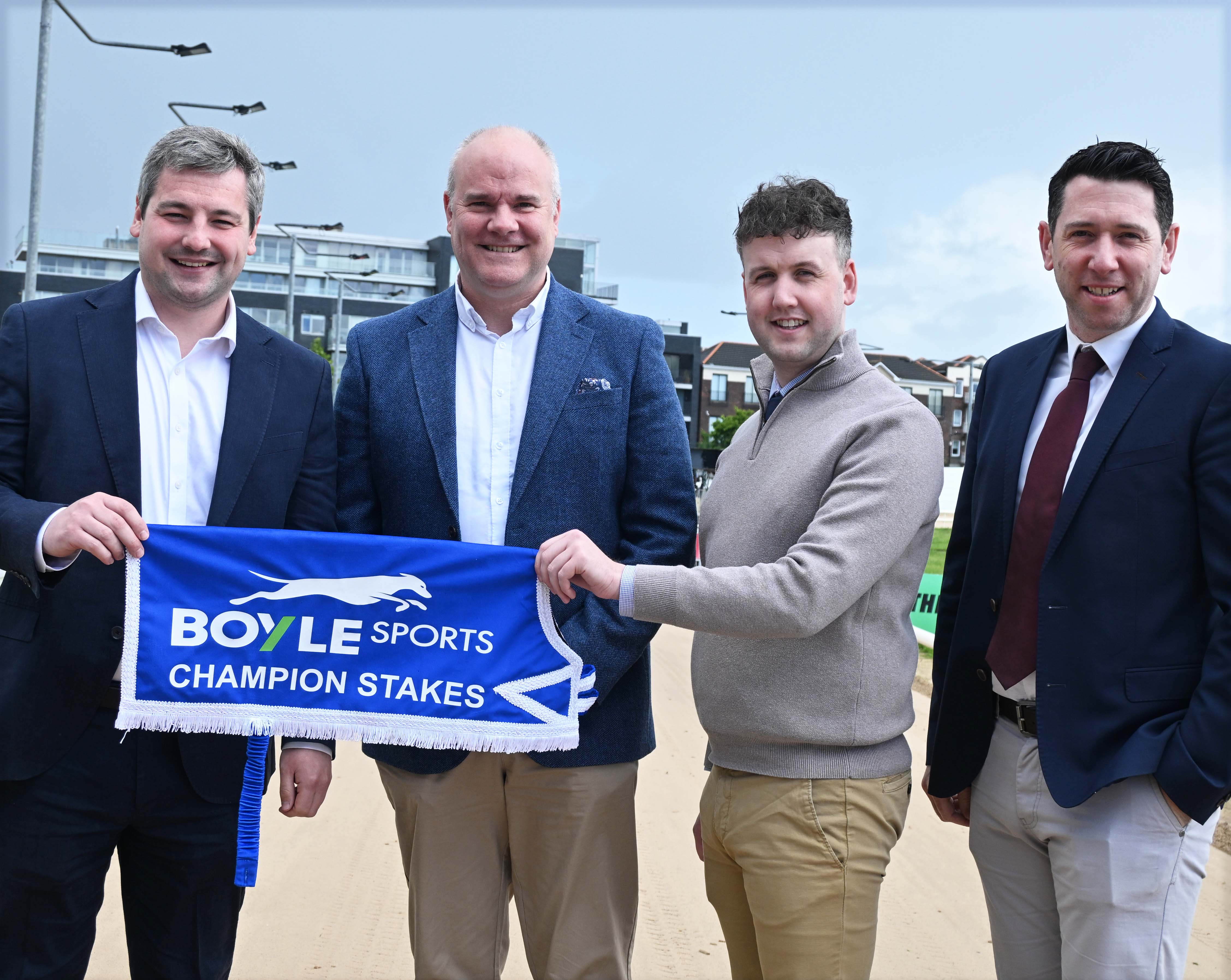 Image shows representatives Brian O’Keeffe (Media Relations, BOYLE Sports), Kieran Holden (Sponsorship Manager, BOYLE Sports), Dylan Brennan (Shelbourne Park Racing Manager) and Philip Peake (Commercial Director, Greyhound Racing Ireland) at Shelbourne Park for the launch of the 2026 BOYLE Sports Champion Stakes.