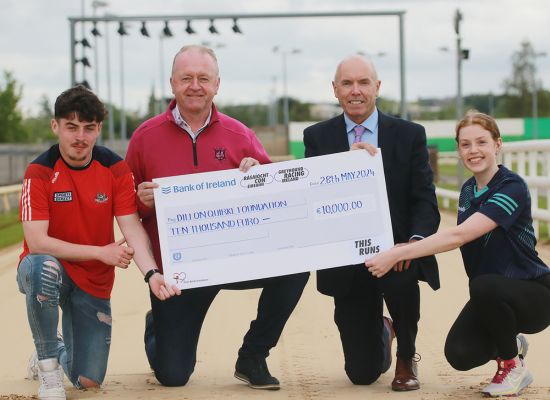 Tim Lucey, CEO of Greyhound Racing Ireland presenting Dan Quirke, Founder Dillon Quirke Foundation with a cheque of €10,000 raised at the Jerseys At The Dogs Nationwide Bucket Collection hosted at greyhound stadia nationwide in April.  Also included in the photo are Joshua Enright & Mia Forrestal of Greyhound Racing Ireland.