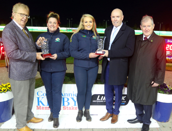 Photo caption: Presentation to I Am Maximus Martinstown Stud Grooms by CEO Tim Lucey (GRI) & Chairman Frank Nyhan (GRI) to Lara Hegarty & Julie O'Connell to celebrate I Am Maximus’ victory at the 2024 Aintree Grand National. Also pictured is JP McManus.