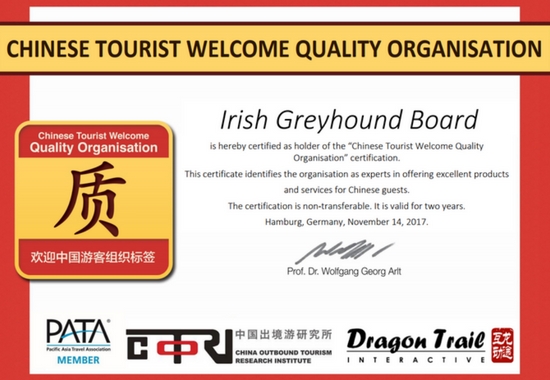 The Irish Greyhound Board have received the Chinese Tourist Quality Welcome Organisation Certification