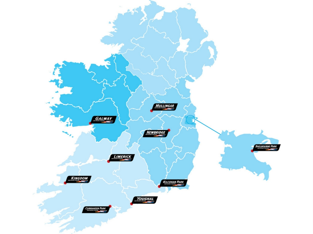 Map of IGB Greyhound Stadium locations in Ireland